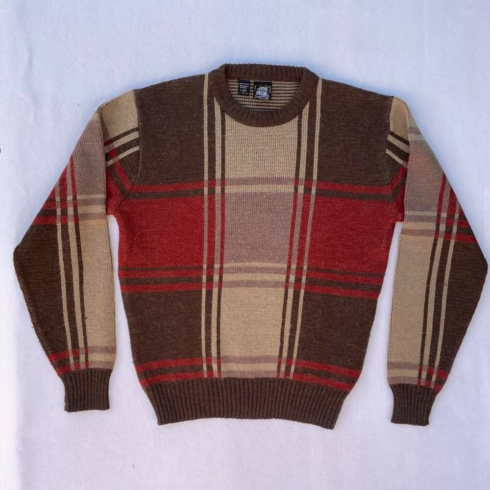 Vintage Kennington Wool Colorblock Brown Orange Knit Crewneck Sweater Size L